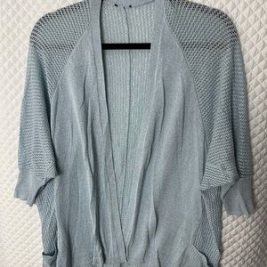 Sparkly light blue w/silver threads Chico’s 3/4 sleeve light sweater. Size Lg